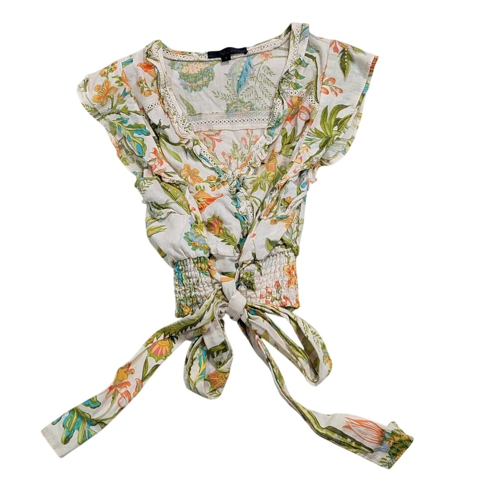 Rachel Rachel Roy Womens Floral Smocked Tie Front Top Small Multicolor